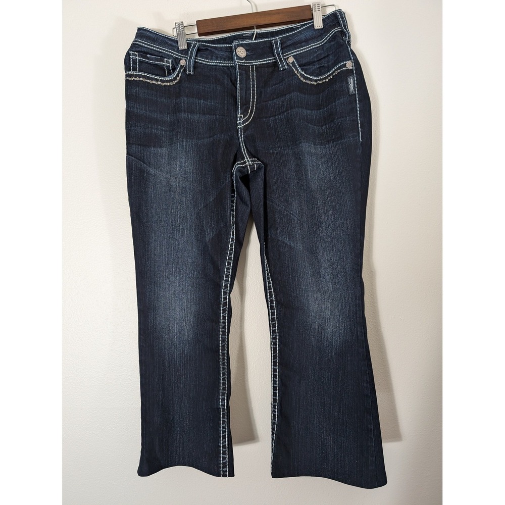 Silver Jeans Suki Flap Women's 14 Dark Wash Bootcut Denim Pants Embellished